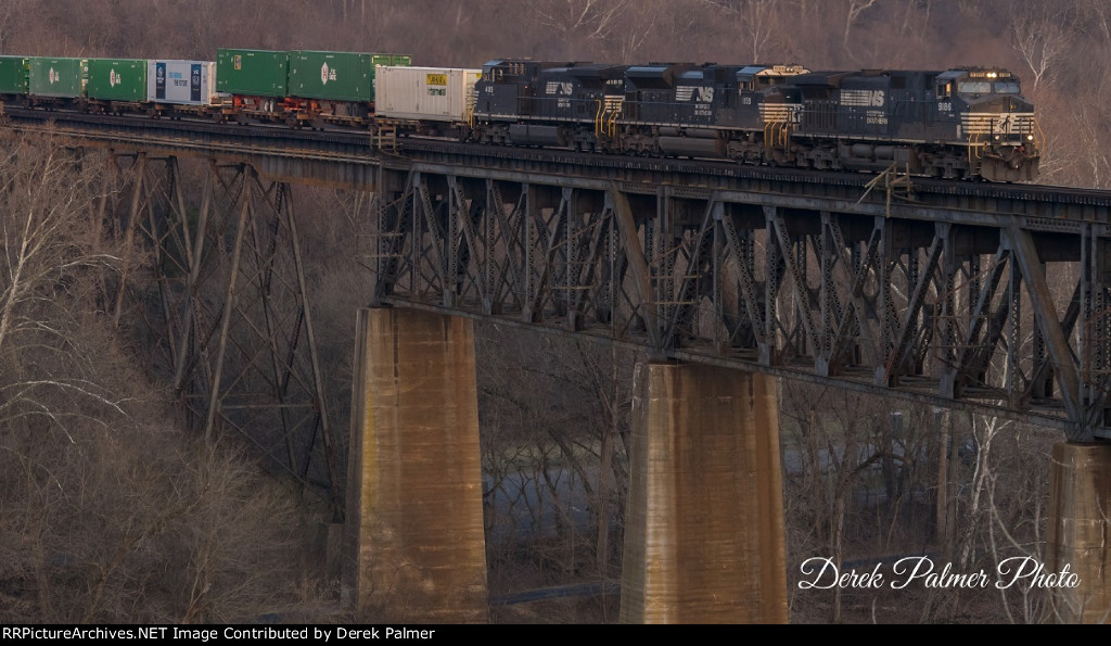 NS 9186 leads NS Intermodal Across Shepherdstown Bridge